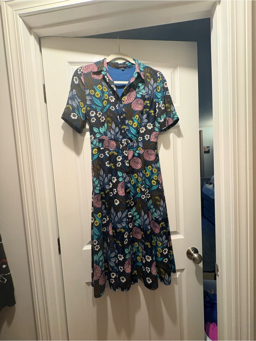 J. Crew Navy Floral Midi Dress with Pink, Teal & Yellow Accents - Picture 3 of 10